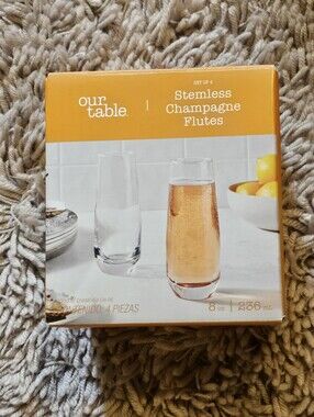 Our Table Stemless Champagne Flutes Wine Glasses Set Of 4 New In Box